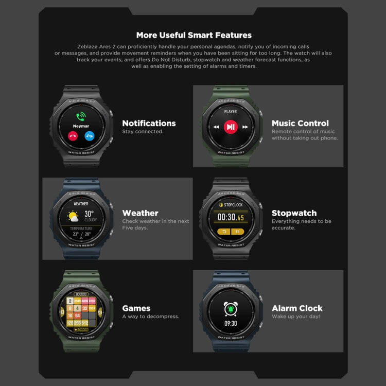 Zeblaze Ares 2 1.09 inch Color Touch Screen 5ATM Waterproof Smart Watch, Support Sleep Monitoring...