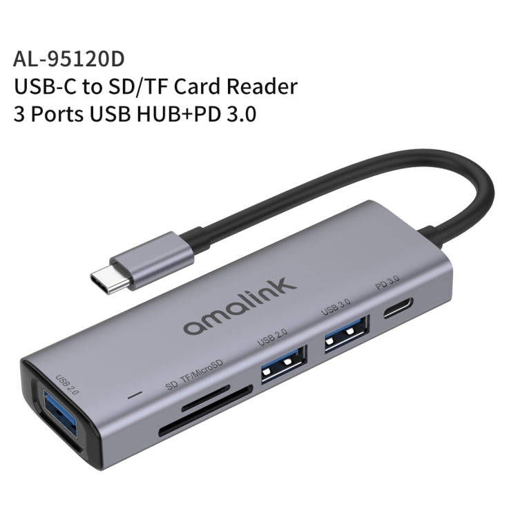 amalink 95120D Type-C / USB-C to SD/TF + 3 Ports USB + PD 3.0 Multi-function HUB (Grey)