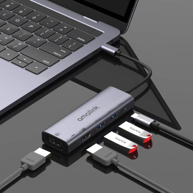 amalink 95126 Type-C / USB-C to Dual HDMI + 2 Ports USB + PD 3.0 Multi-function HUB(Grey)