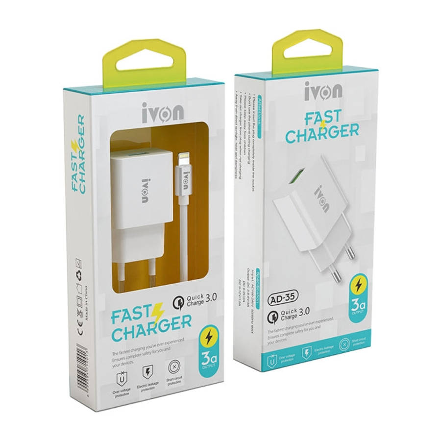 IVON AD-35 2 in 1 18W QC3.0 USB Port Travel Charger + 1m USB to Micro USB Data Cable Set, EU Plug...