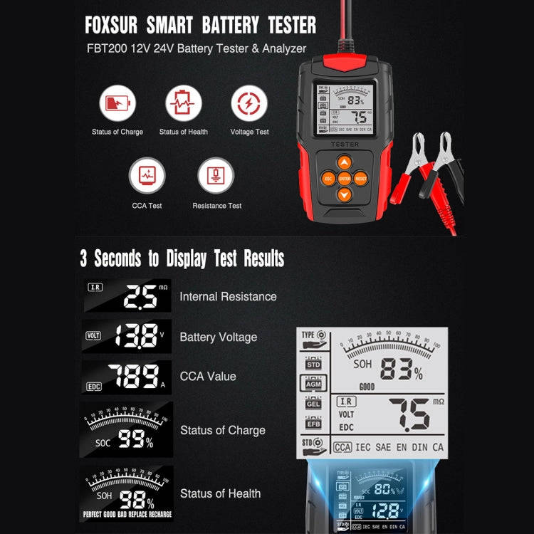 FOXSUR FBT200 12V / 24V Car Battery Tester(Orange)