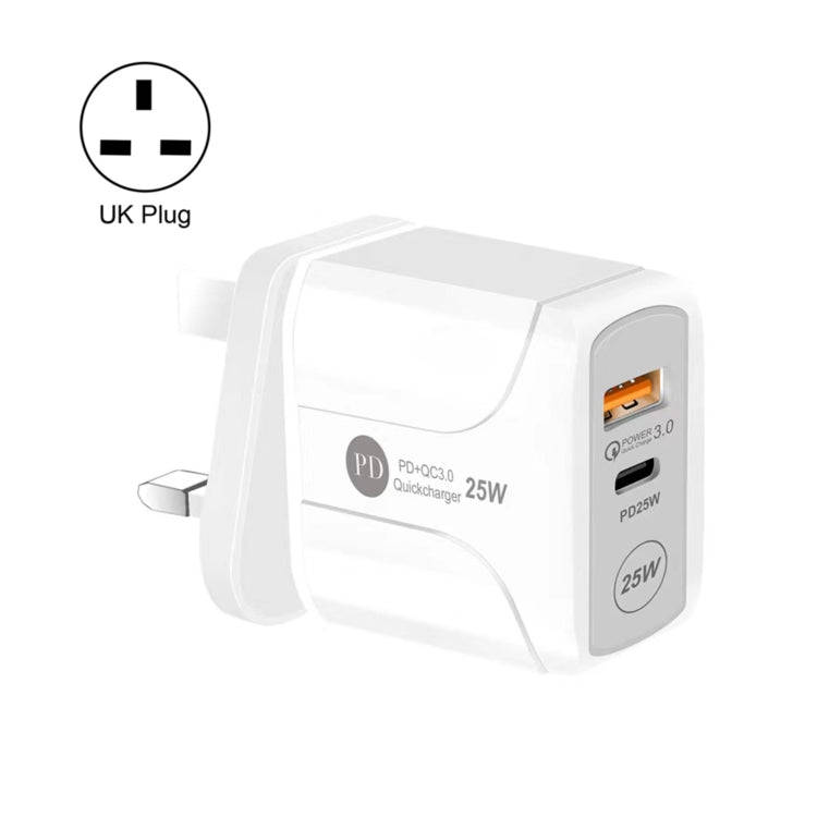 25W PD Type-C + QC3.0 USB Ports Travel Charger, Plug Type:UK Plug(White)