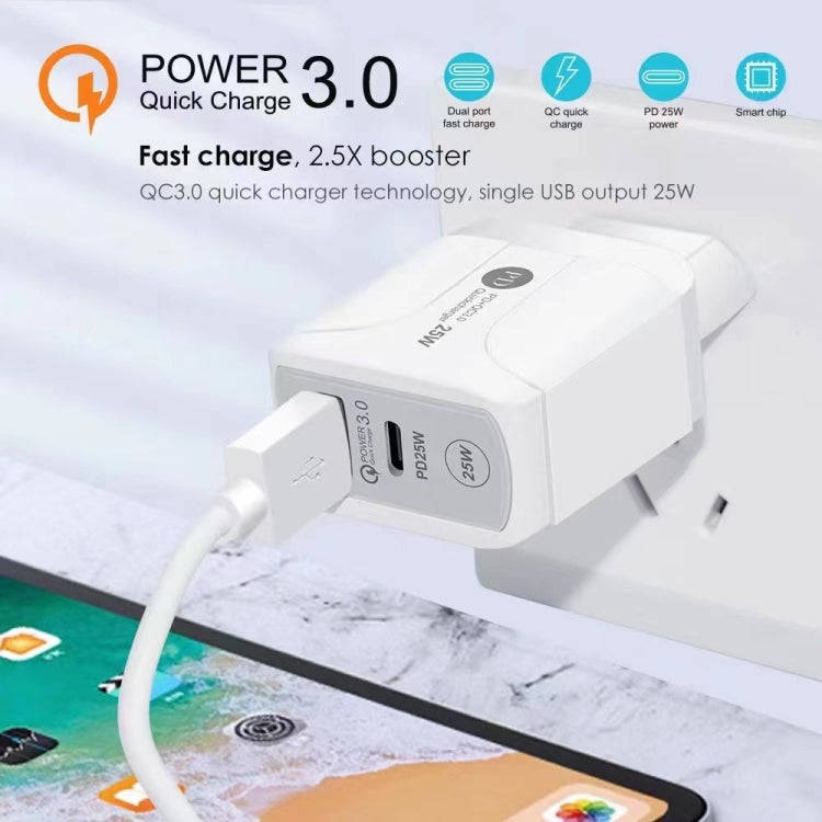 25W PD Type-C + QC3.0 USB Ports Travel Charger, Plug Type:UK Plug(White)
