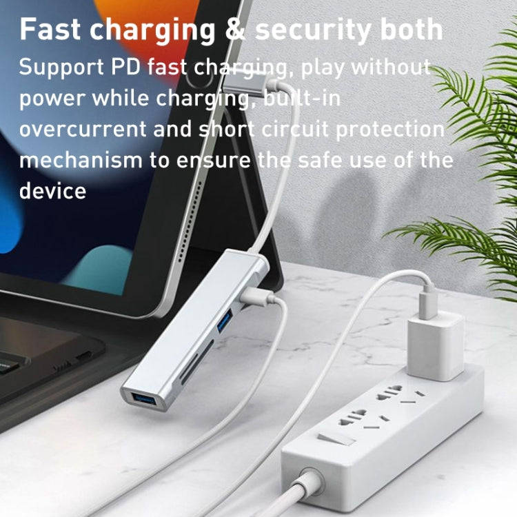 5 in 1 Type-C to SD / TF Card Slot + 3 USB Ports Multifunctional Docking Station HUB(Silver)