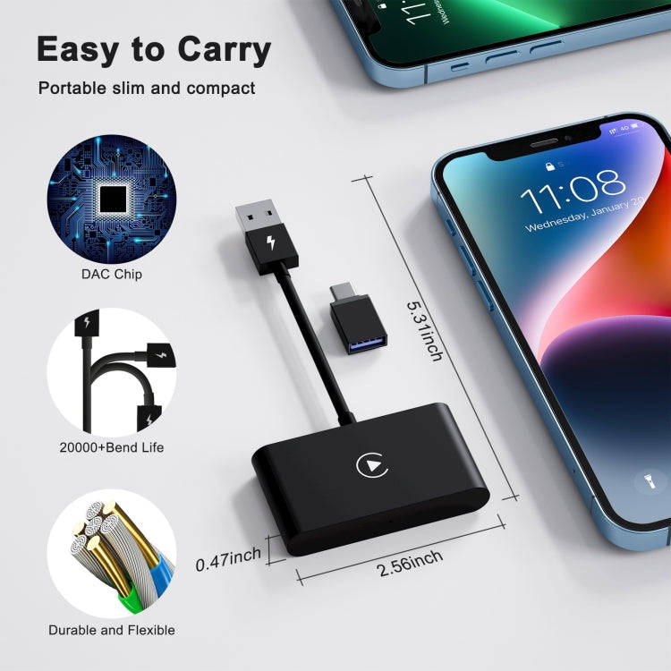 THT-020-2 USB + USB-C / Type-C Wired to Wireless Carplay Adapter for iPhone(Black)