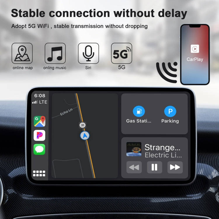 USB + USB-C / Type-C Wired to Wireless Carplay Adapter for iPhone(Black)