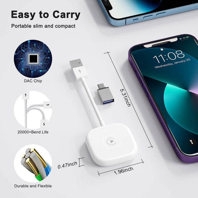 USB + USB-C / Type-C Wired to Wireless Carplay Adapter for iPhone(White)