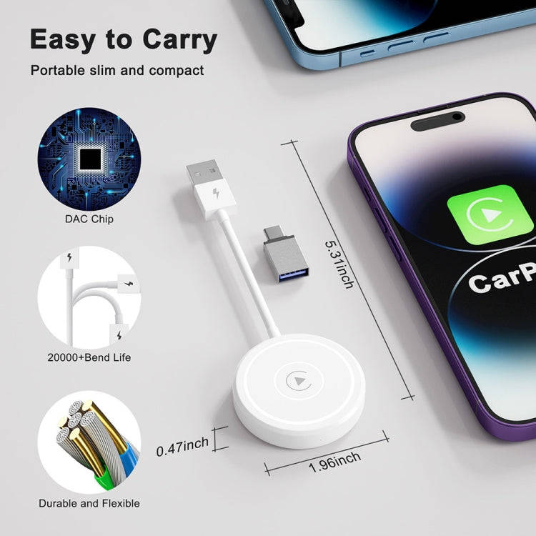 USB + USB-C / Type-C Wired to Wireless Carplay Adapter for iPhone(White)