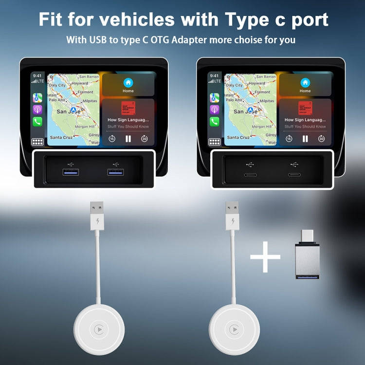 USB + USB-C / Type-C Wired to Wireless Carplay Adapter for iPhone(White)