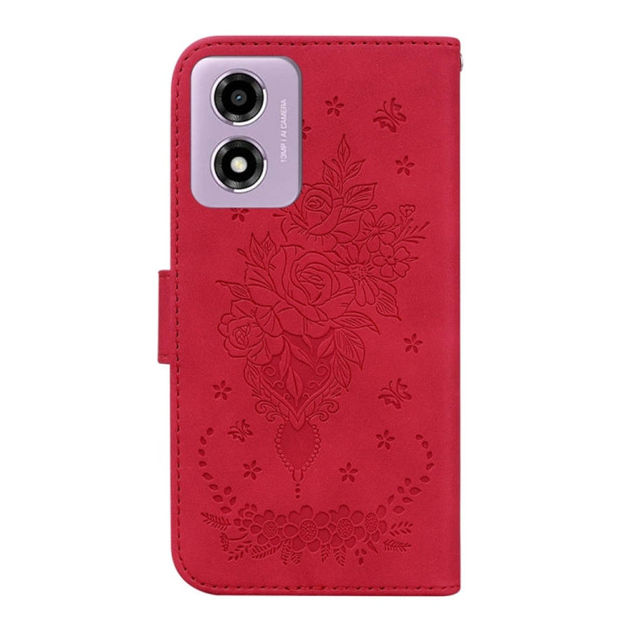 For Motorola Moto G04s / Moto E14 Butterfly Rose Embossed Leather Phone Case(Red)