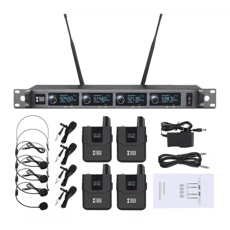 XTUGA A140-B Wireless Microphone System 4 BodyPack Headset Lavalier Microphone(EU Plug)