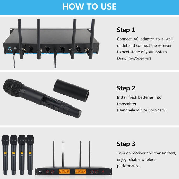 XTUGA A400-H Professional 4-Channel UHF Wireless Microphone System with 4 Handheld Microphone(EU ...
