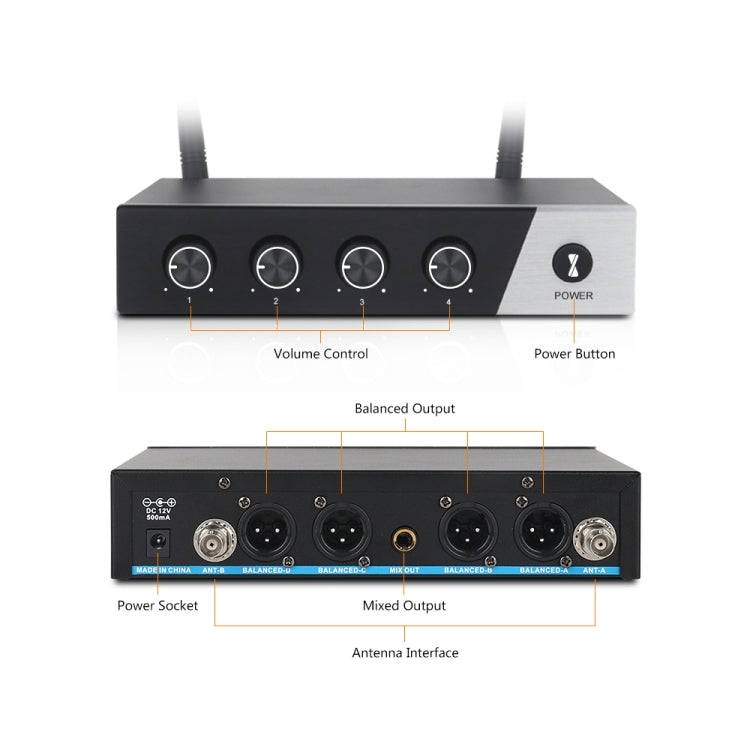 XTUGA S400 Professional 4-Channel UHF Wireless Microphone System with 4 Handheld Microphone(UK Plug)