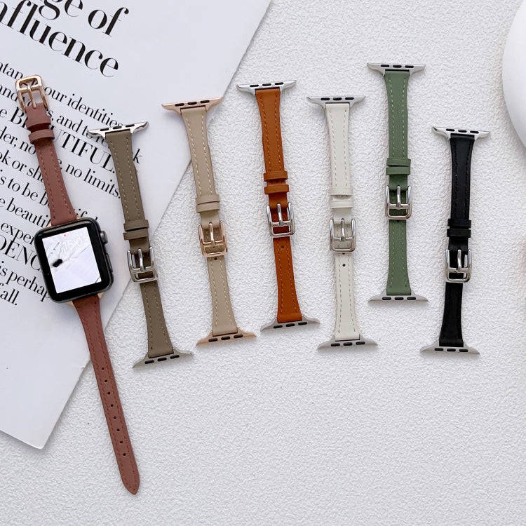 For Apple Watch SE 2023 44mm T-shaped Slim Genuine Leather Watch Band(Dark Pink)