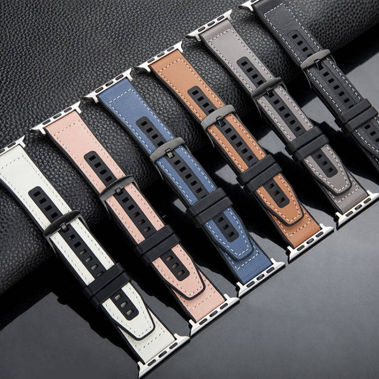 For Apple Watch Series 8 45mm Hybrid Leather Silicone Watch Band(Black)