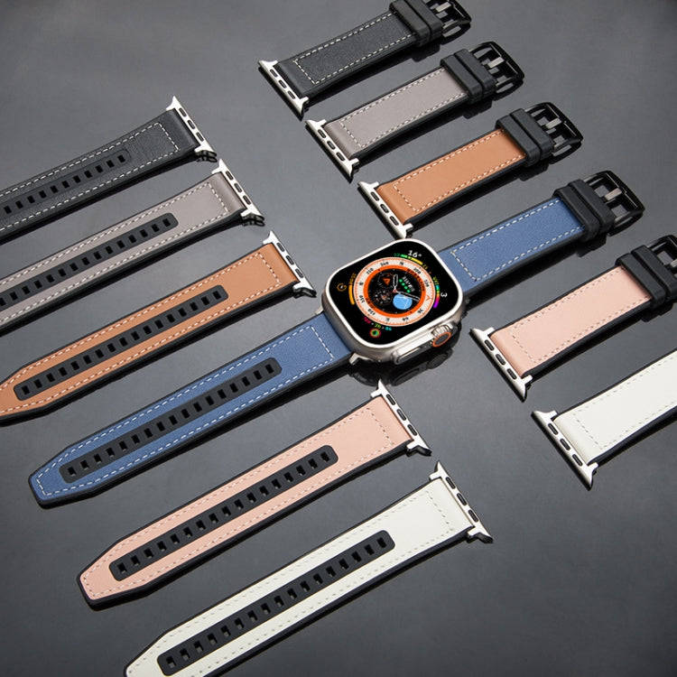 For Apple Watch Series 9 41mm Hybrid Leather Silicone Watch Band(Brown)