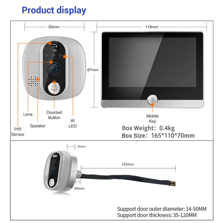 ESCAM C85 1080P 4.3 inch Smart WIFI Digital Door Viewer Supports Wide-Angle PIR & Night Vision & ...