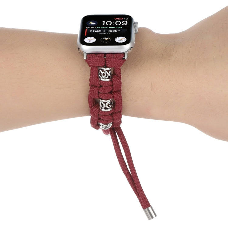 For Apple Watch Series 3 38mm Silk Silver Beads Braided Watch Band(Wine Red)