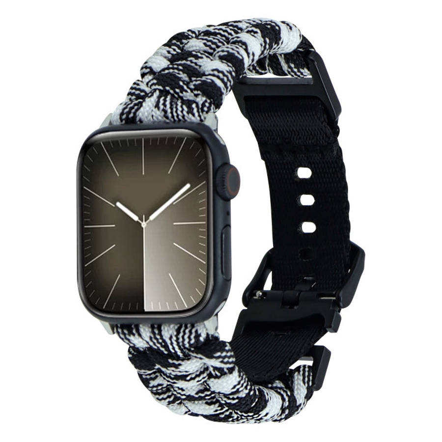 For Apple Watch Series 7 45mm Paracord Plain Braided Webbing Buckle Watch Band(Black White)