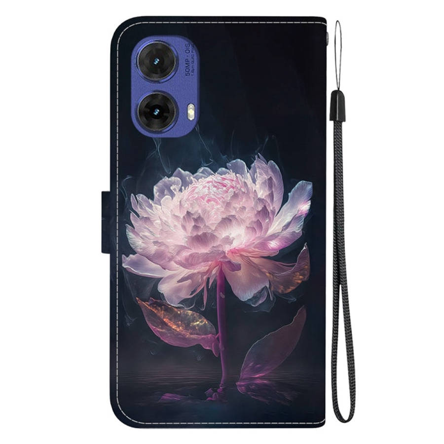 For Motorola Moto G85 Crystal Texture Colored Drawing Leather Phone Case(Purple Peony)