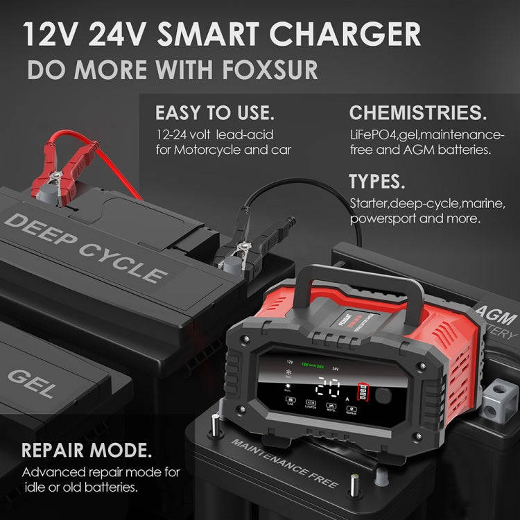 FOXSUR 12V / 24V 20A 300W Portable Motorcycle Car Smart Battery Charger(EU Plug)