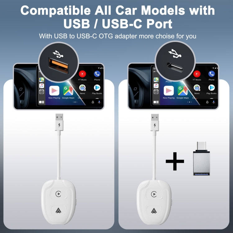 THT-020-9-1 USB + USB-C / Type-C Wired to Wireless Carplay / Android Auto Adapter(White)