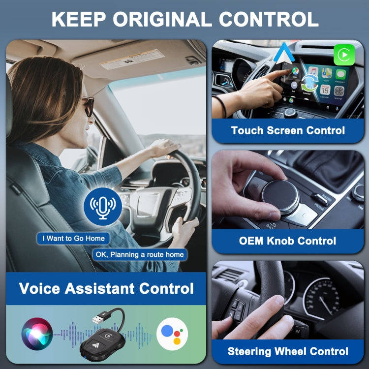 THT-020-9 USB + USB-C / Type-C Wired to Wireless Carplay / Android Auto Adapter(Black)