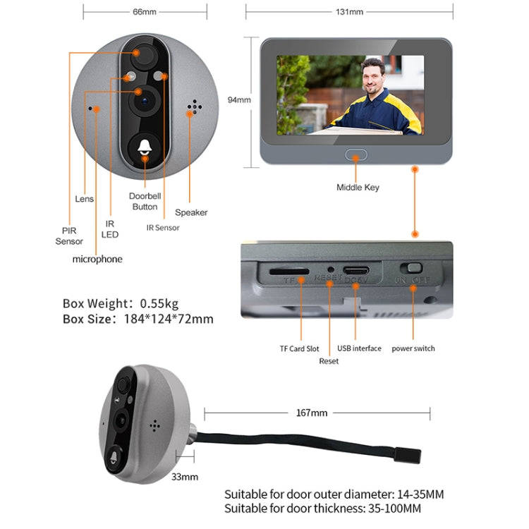 ESCAM C87 1080P 4.3 inch Smart WiFi Digital Door Viewer Supports Wide-Angle PIR & Night Vision & ...