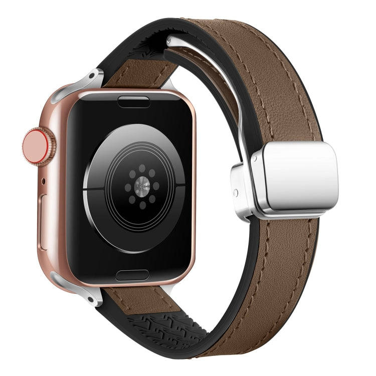 For Apple Watch 42mm Magnetic Folding Leather Silicone Watch Band(Dark Brown)