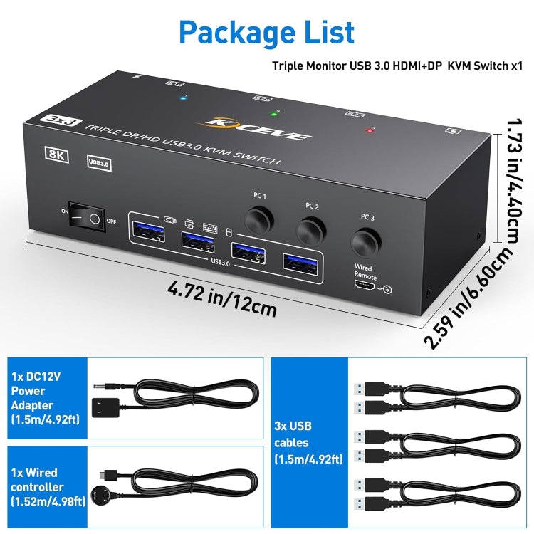 KC-KVM303DH 8K 60Hz USB3.0 DP+DP+HDMI Triple Monitors KVM Switch(EU Plug)