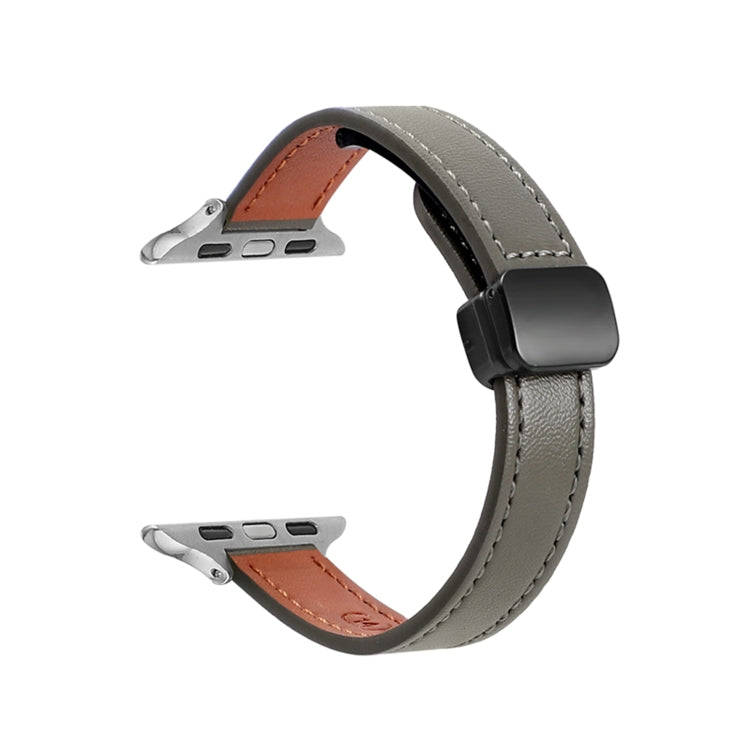For Apple Watch SE 2023 44mm Slim Magnetic Buckle Genuine Leather Watch Band(Plain Avocado Green)