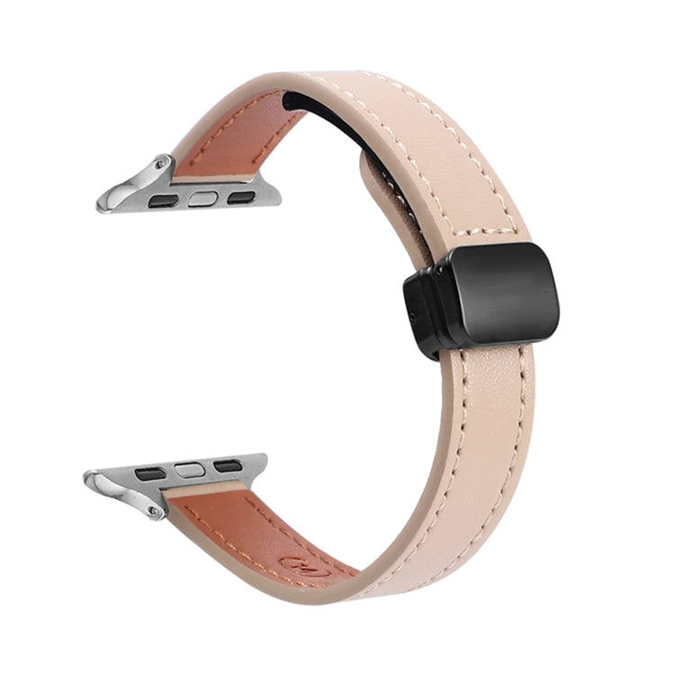 For Apple Watch SE 44mm Slim Magnetic Buckle Genuine Leather Watch Band(Plain Apricot)