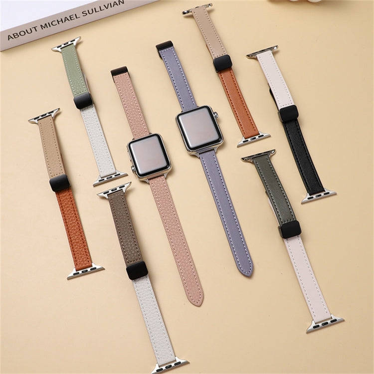 For Apple Watch SE 2023 44mm Slim Magnetic Buckle Genuine Leather Watch Band(Litchi Beige)