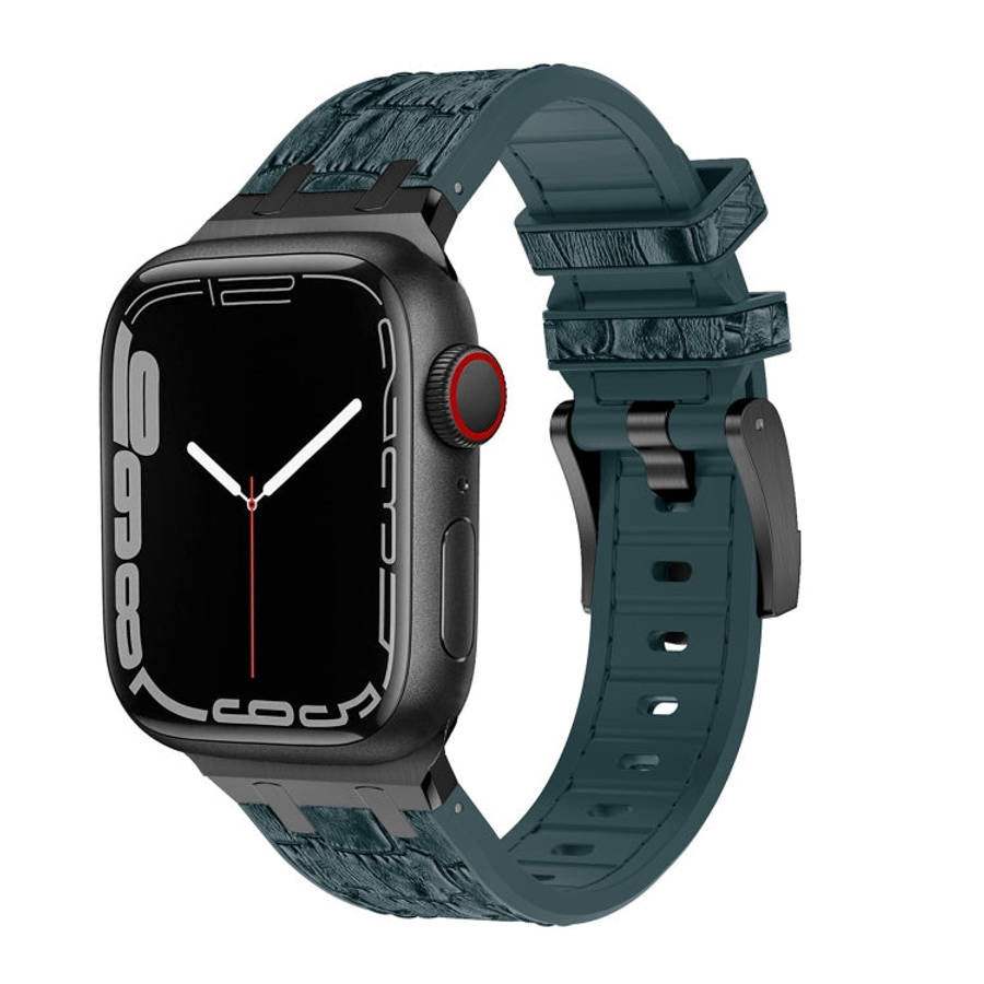 For Apple Watch Series 6 44mm Crocodile Texture Liquid Silicone Watch Band(Black Deep Green)