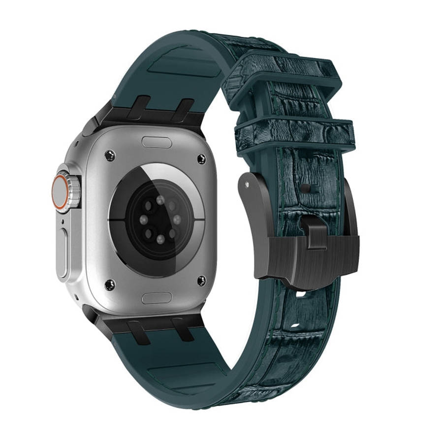 For Apple Watch Series 6 44mm Crocodile Texture Liquid Silicone Watch Band(Black Deep Green)