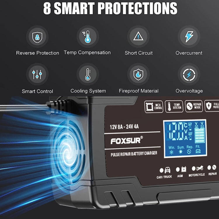 FOXSUR 8A 12V 24V Car / Motorcycle Smart Battery Charger, Plug Type:UK Plug(Black)