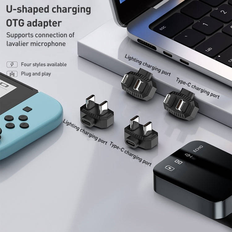 8 Pin to USB-C / Type-C + 8 Pin Lavalier Microphone U-shaped Charging Adapter OTG Converter(Black)
