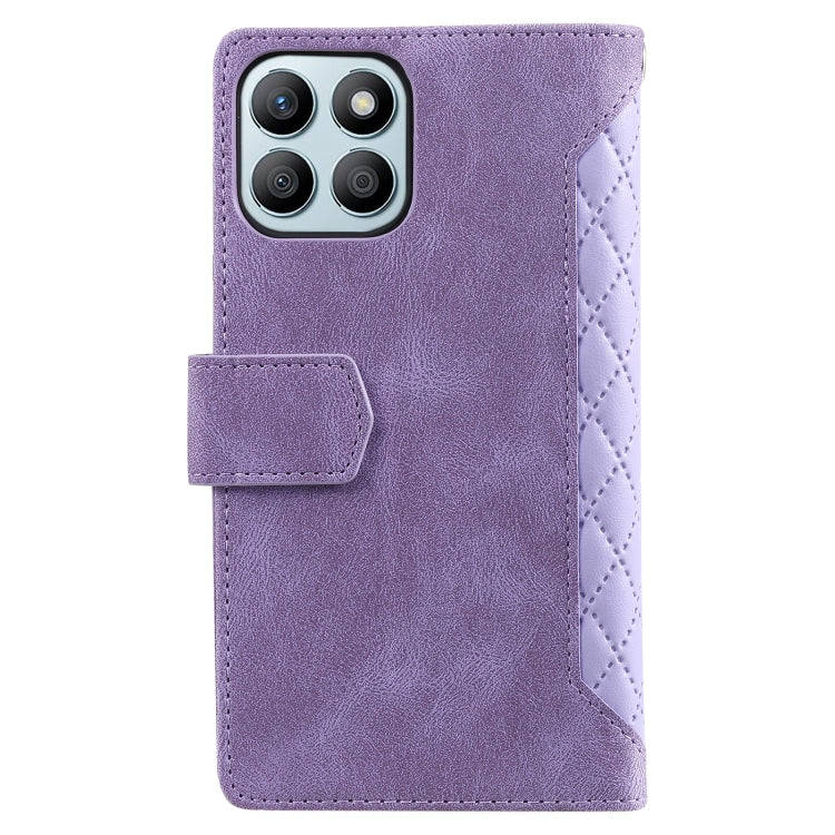 For Honor X6b 4G Global Grid Texture Zipper Leather Phone Case with Lanyard(Purple)