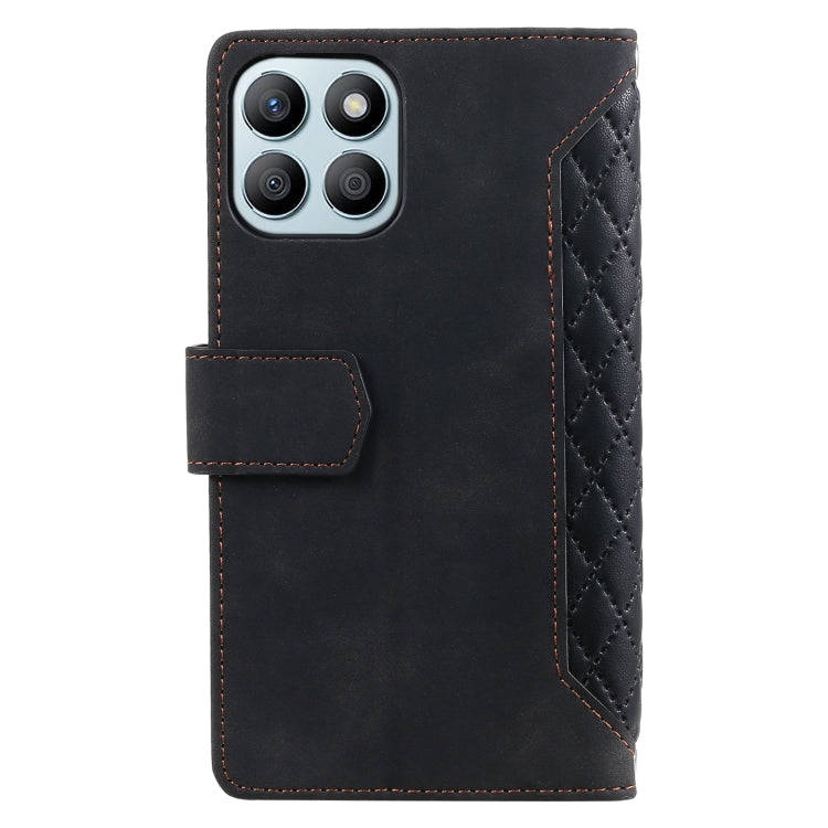 For Honor X6b 4G Global Grid Texture Zipper Leather Phone Case with Lanyard(Black)