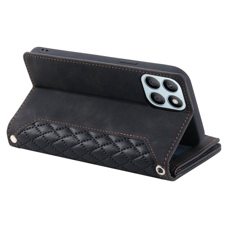 For Honor X6b 4G Global Grid Texture Zipper Leather Phone Case with Lanyard(Black)