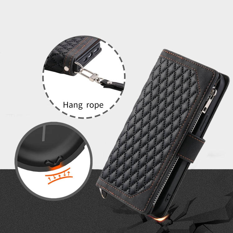 For Honor X6b 4G Global Grid Texture Zipper Leather Phone Case with Lanyard(Black)
