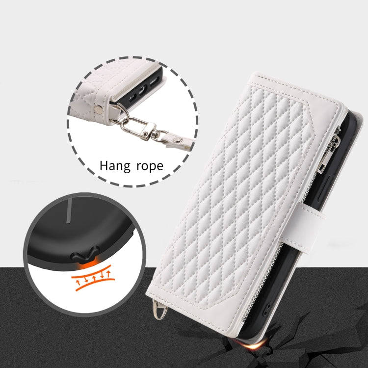 For Honor X6b 4G Global Grid Texture Zipper Leather Phone Case with Lanyard(White)