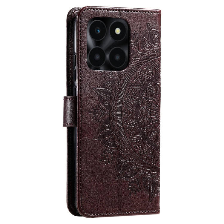For Honor X6b 4G Global Totem Flower Embossed Leather Phone Case with Lanyard(Brown)