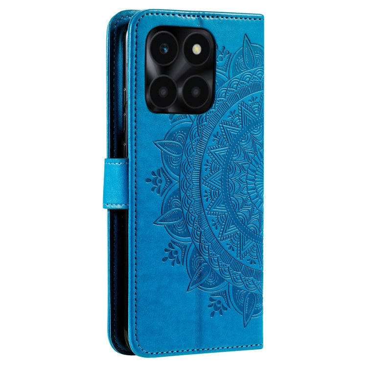 For Honor X6b 4G Global Totem Flower Embossed Leather Phone Case with Lanyard(Blue)