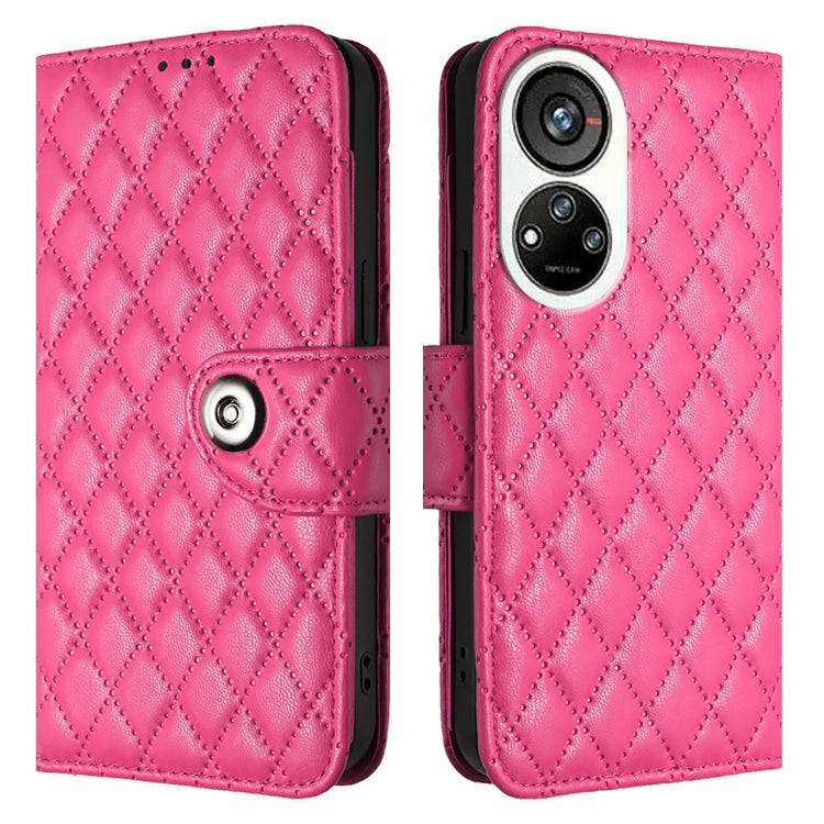 For ZTE Blade V40s Rhombic Texture Flip Leather Phone Case with Lanyard(Rose Red)
