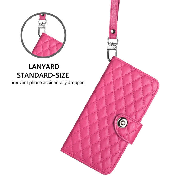 For ZTE Blade V40s Rhombic Texture Flip Leather Phone Case with Lanyard(Rose Red)