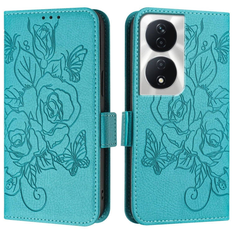 For Honor 90 Smart 5G / X7b 5G / 4G Embossed Rose RFID Anti-theft Leather Phone Case(Light Blue)