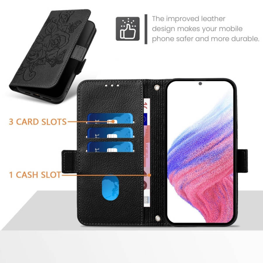 For Motorola Moto G72 Embossed Rose RFID Anti-theft Leather Phone Case(Black)
