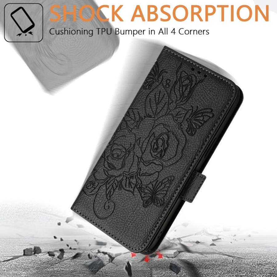 For Motorola Moto G72 Embossed Rose RFID Anti-theft Leather Phone Case(Black)