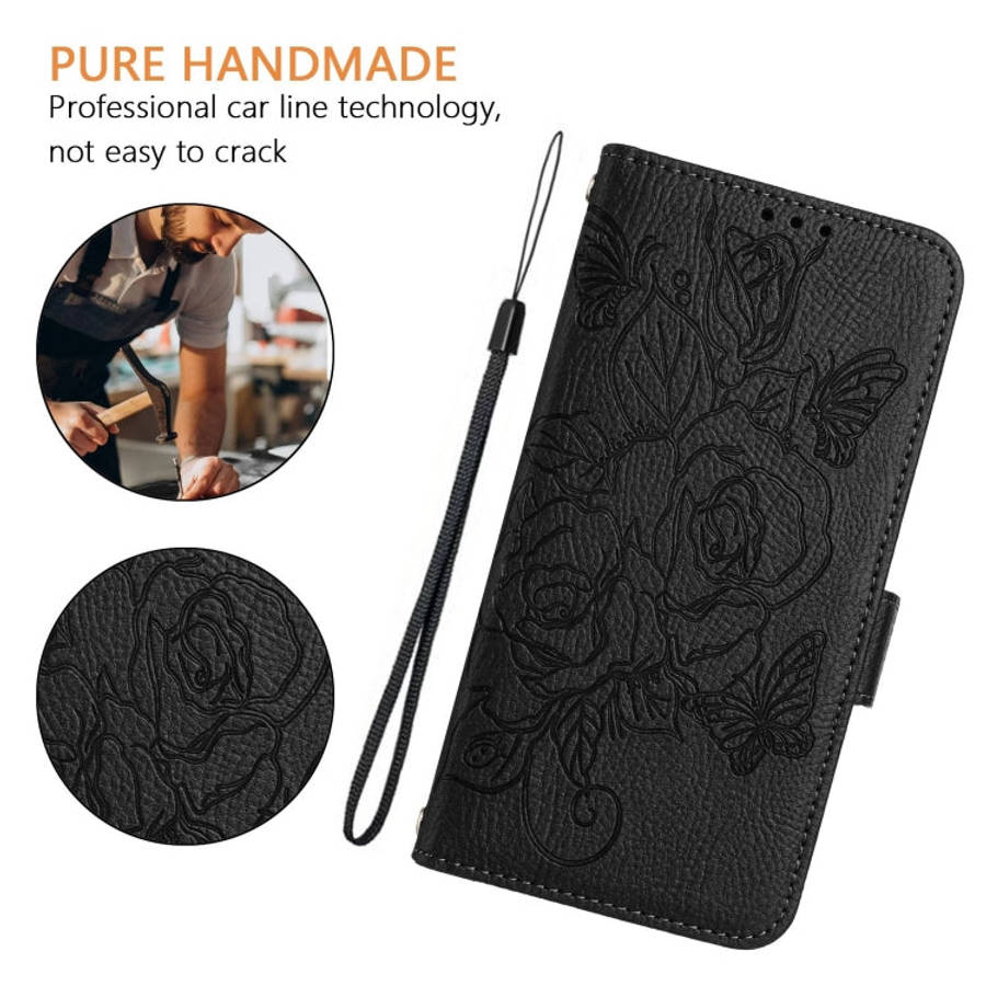 For Motorola Moto G72 Embossed Rose RFID Anti-theft Leather Phone Case(Black)